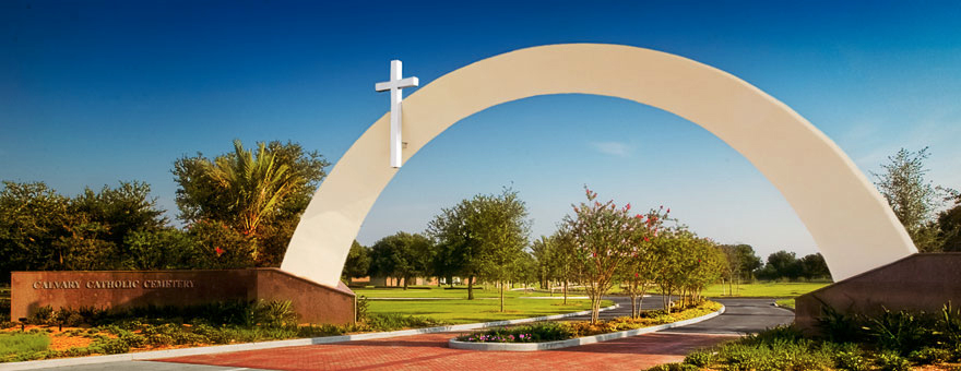 The entrance arch of Calvary Catholic Cemetery.